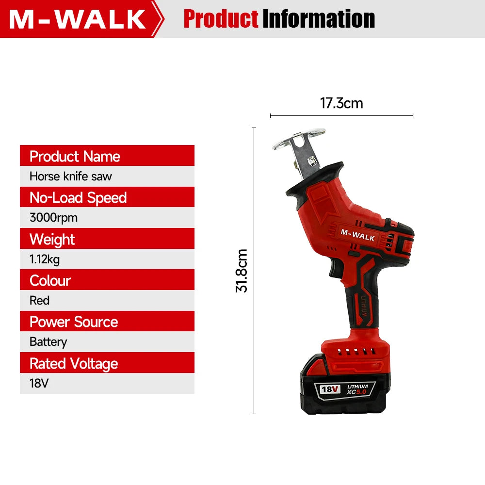 M-WALK Cordless Reciprocating Saw 18V — Wood & Metal Cutting (Compatible with Milwaukee 18V Battery)