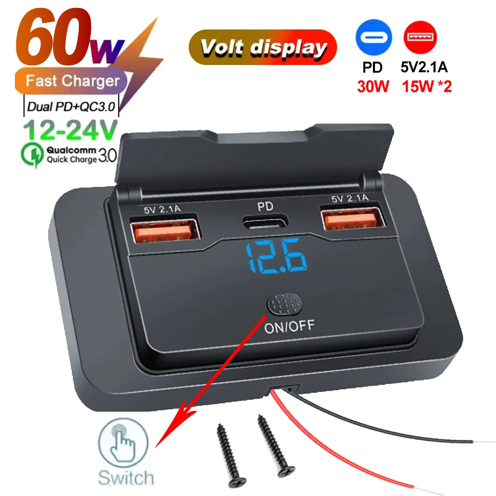 Car Charger Socket Adapter with Switch 2/4 Ports 12V 24V PD QC3.0 Charging Splitter Outlet for Bus RV ATV Truck Boat