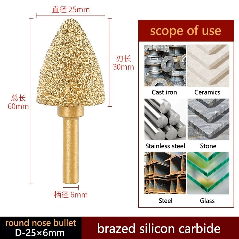 6mm Shank Brazed Diamond Grinding and Polishing Head for Cast Iron Stone Marble Tile - Deburring Metal Processing  Carve
