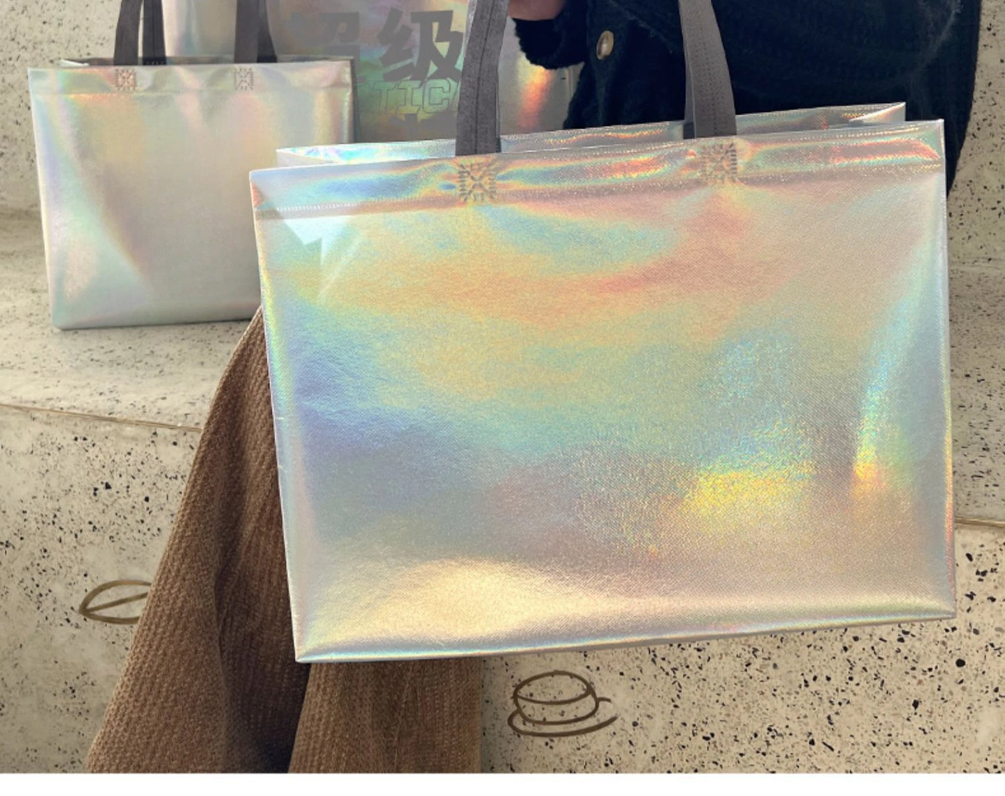 10Pcs Reusable Silver Laser Tote Bag Durable Non Woven Gift Shopping Bag for Wedding Bridesmaid Party Birthday Eco Friendly