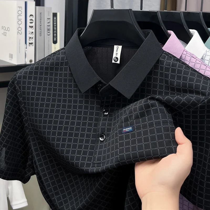 Men's Contrast Lapel Polo - Micro-Lattice Print, Chest Pocket