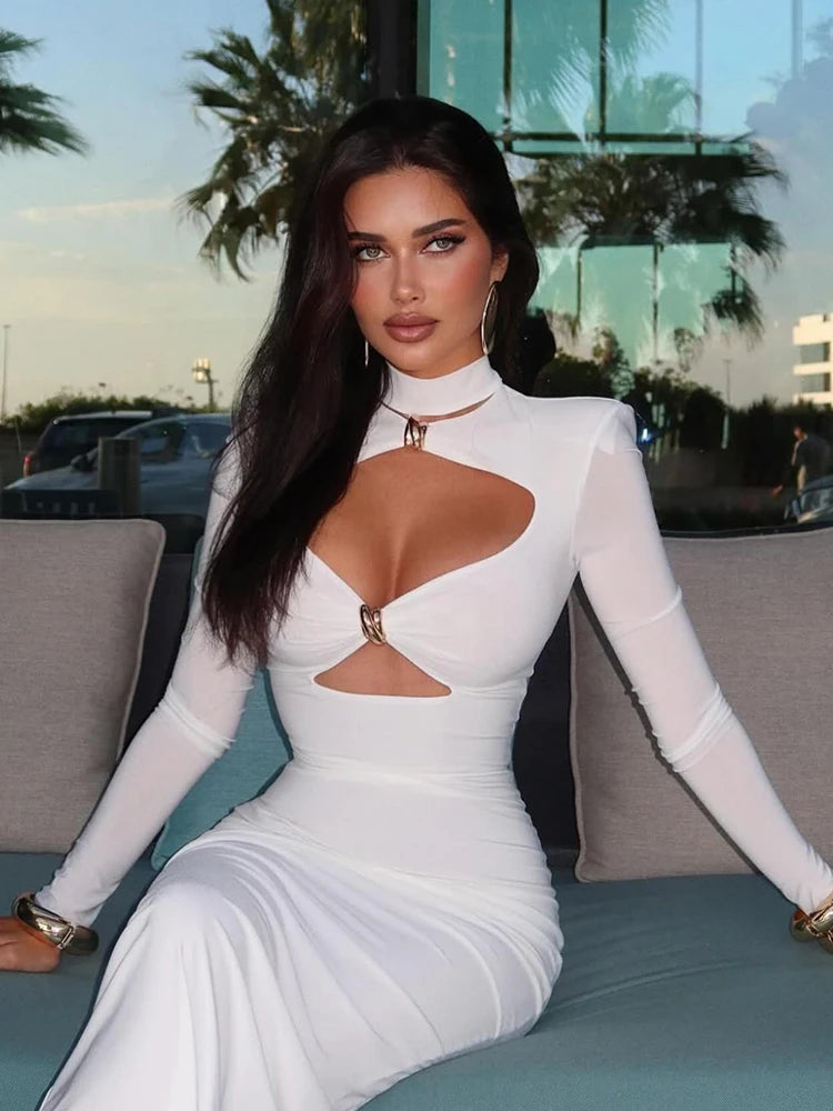 Women's Turtleneck Hollow Out Maxi Dress - Long Sleeve Sheath - photo 5