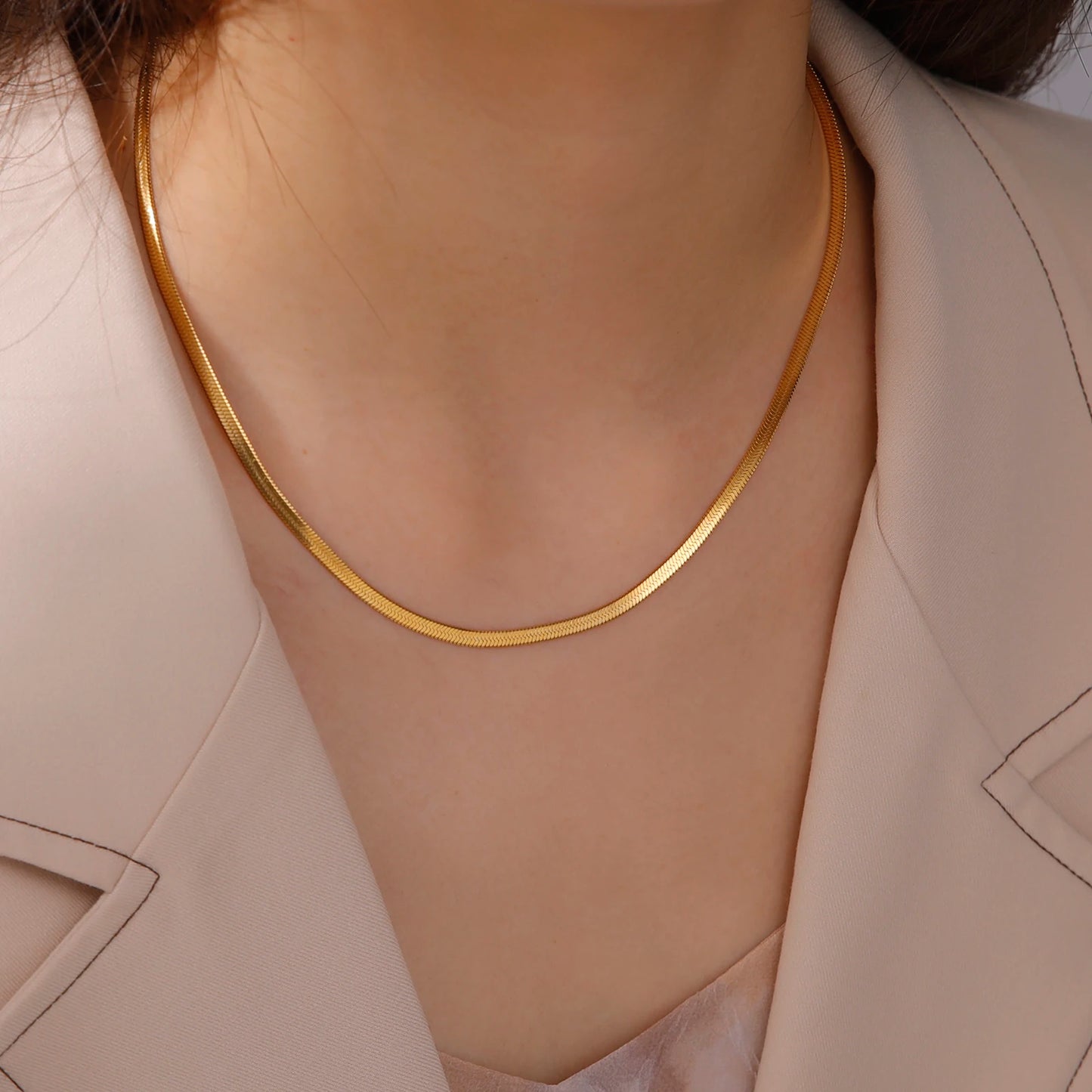 Stainless Steel Snake Chain Necklace — Gold & Silver Herringbone Choker for Women and Men