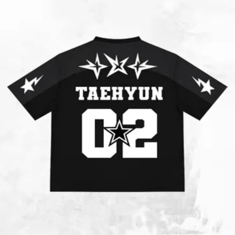 Bandai TXT Jersey Style T-shirt, Black Star Printed Streetwear, Neutral Casual Short Sleeved T-shirt Suitable for K-pop Fans