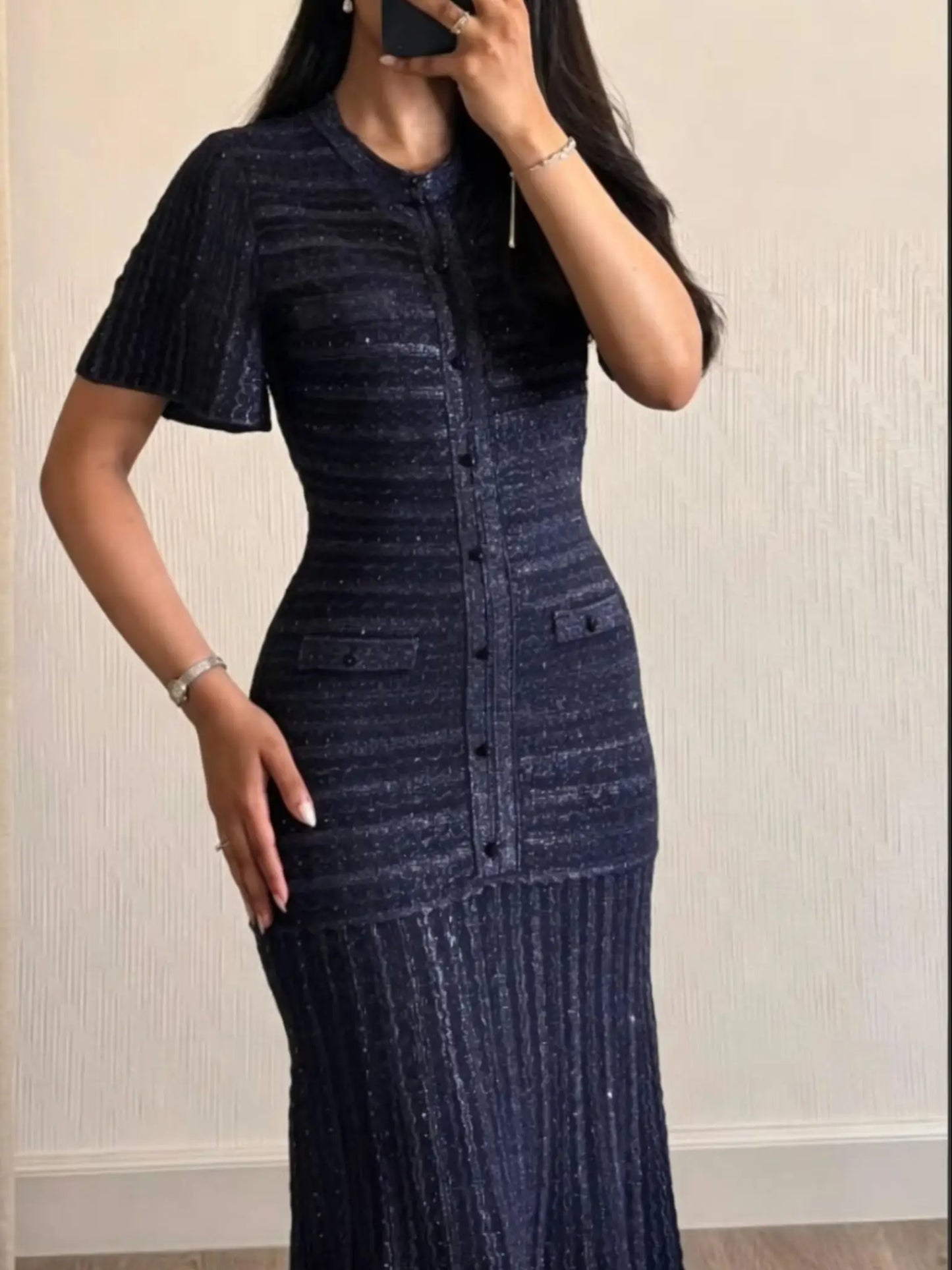 Cinched Waist Sequin Maxi Dress for Women Round Neck Short Sleeve Knitted Dresses 2026 NEW Hollow Out Single Breasted Midi Robes