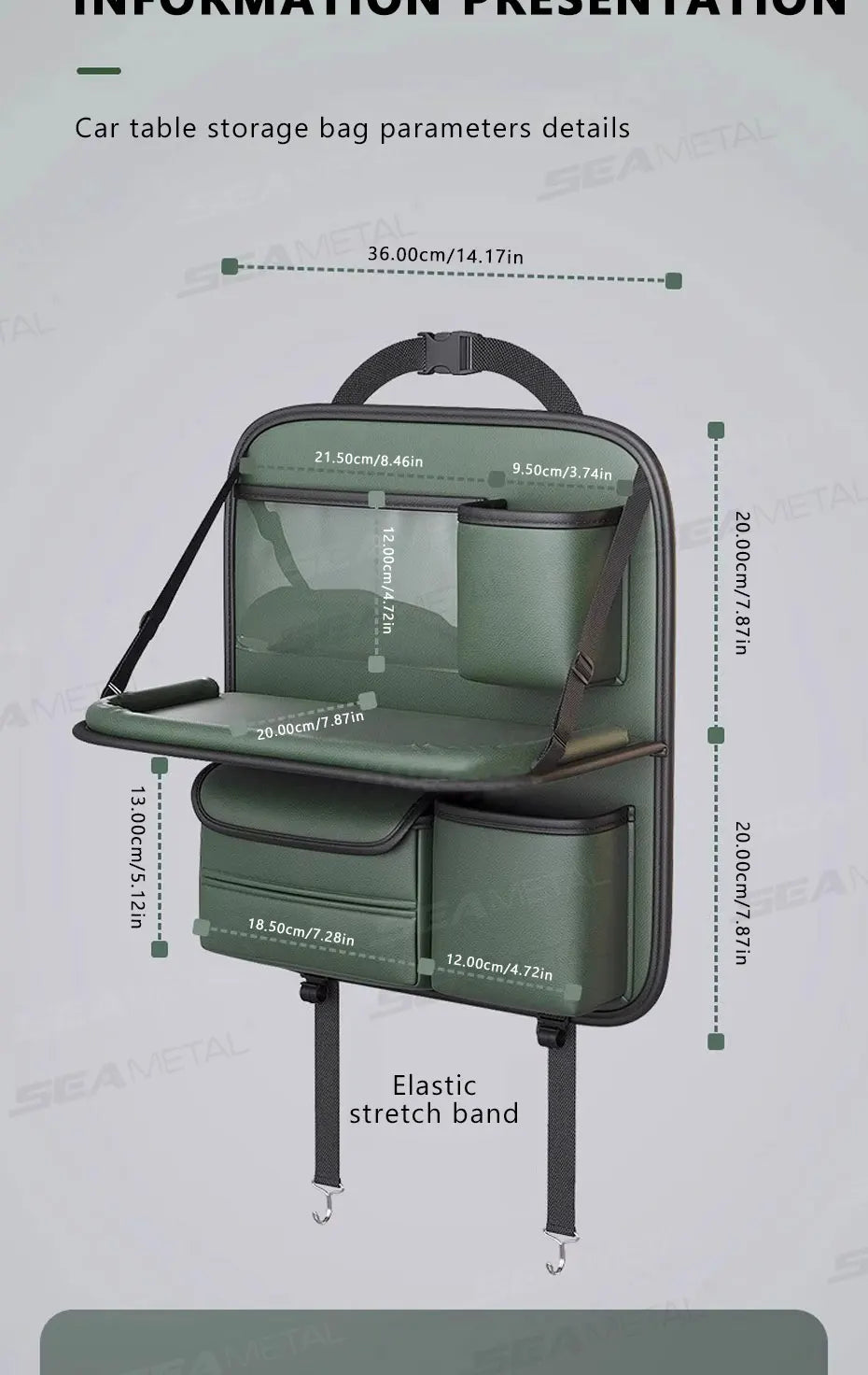 SEAMETAL Car Seat Back Storage Bag Large Capacity Multi-Pocket Backseat Organizer Foldable Dining Table Tablet Tray Hanging Bag