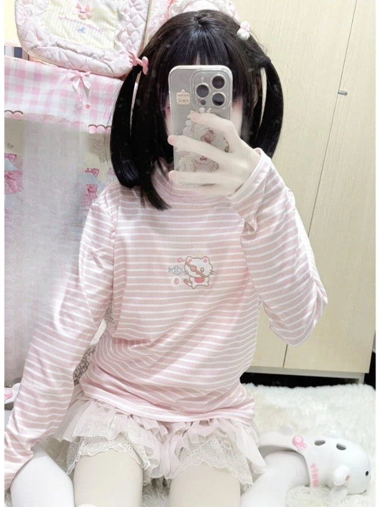 Ezgaga Women T Shirts Sweet Cartoon Cat Embroidery Long Sleeve Striped Turtleneck Neck Basic Autumn Winter Fashion Tops Y2k