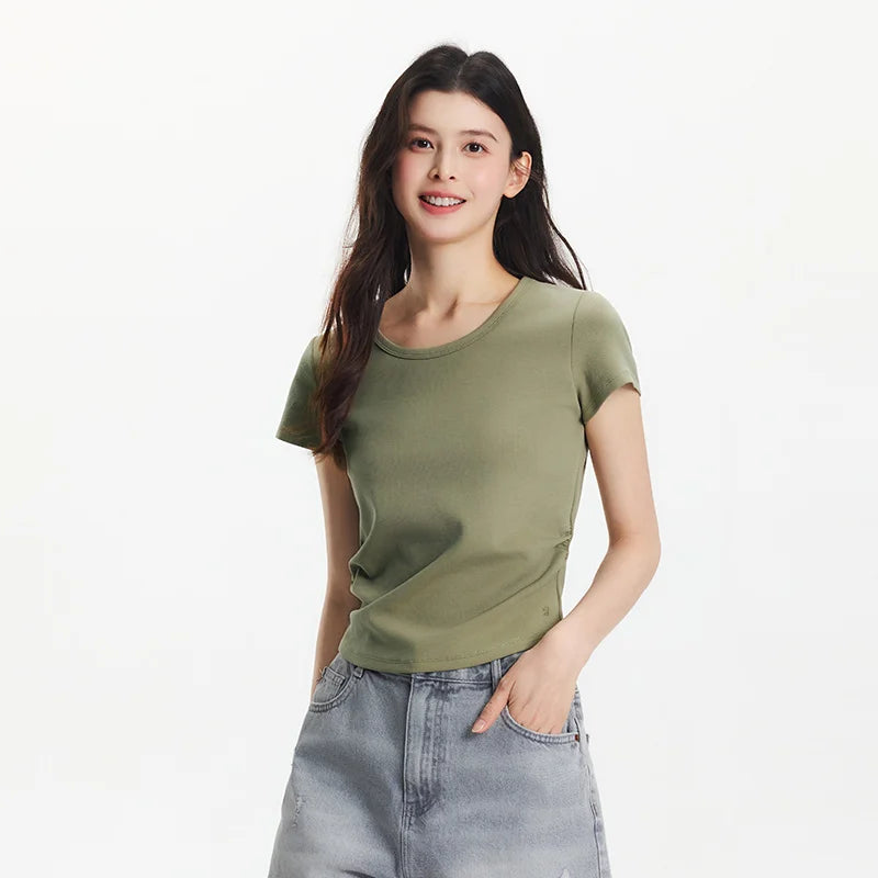 Semir Short Sleeve T-Shirt Women Cropped Slim Fit Shoulder Fit Design 2026 New Summer Embroidered Top Versatile for Chic Outfits