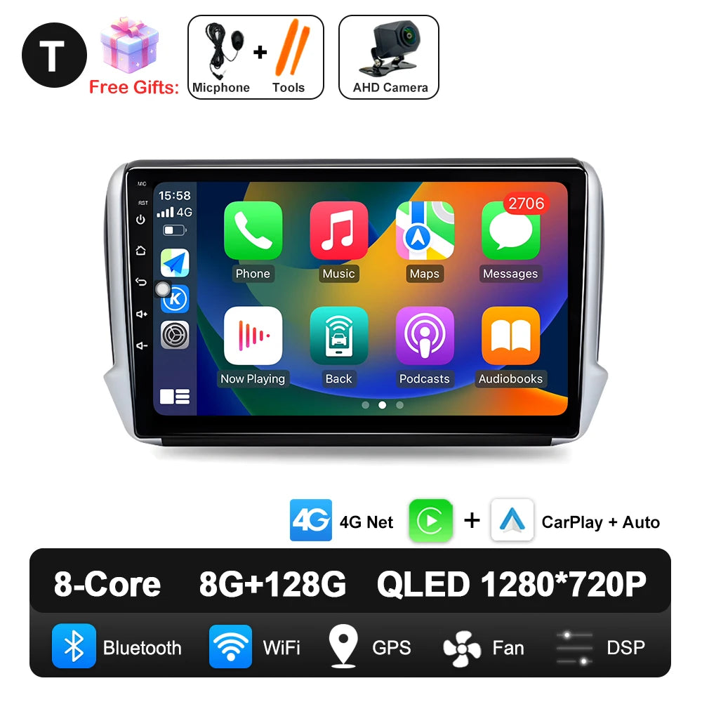Car Stereo with Apple CarPlay & Android Auto, Compatible with Peugeot 2008 & 208 (2012-2018)