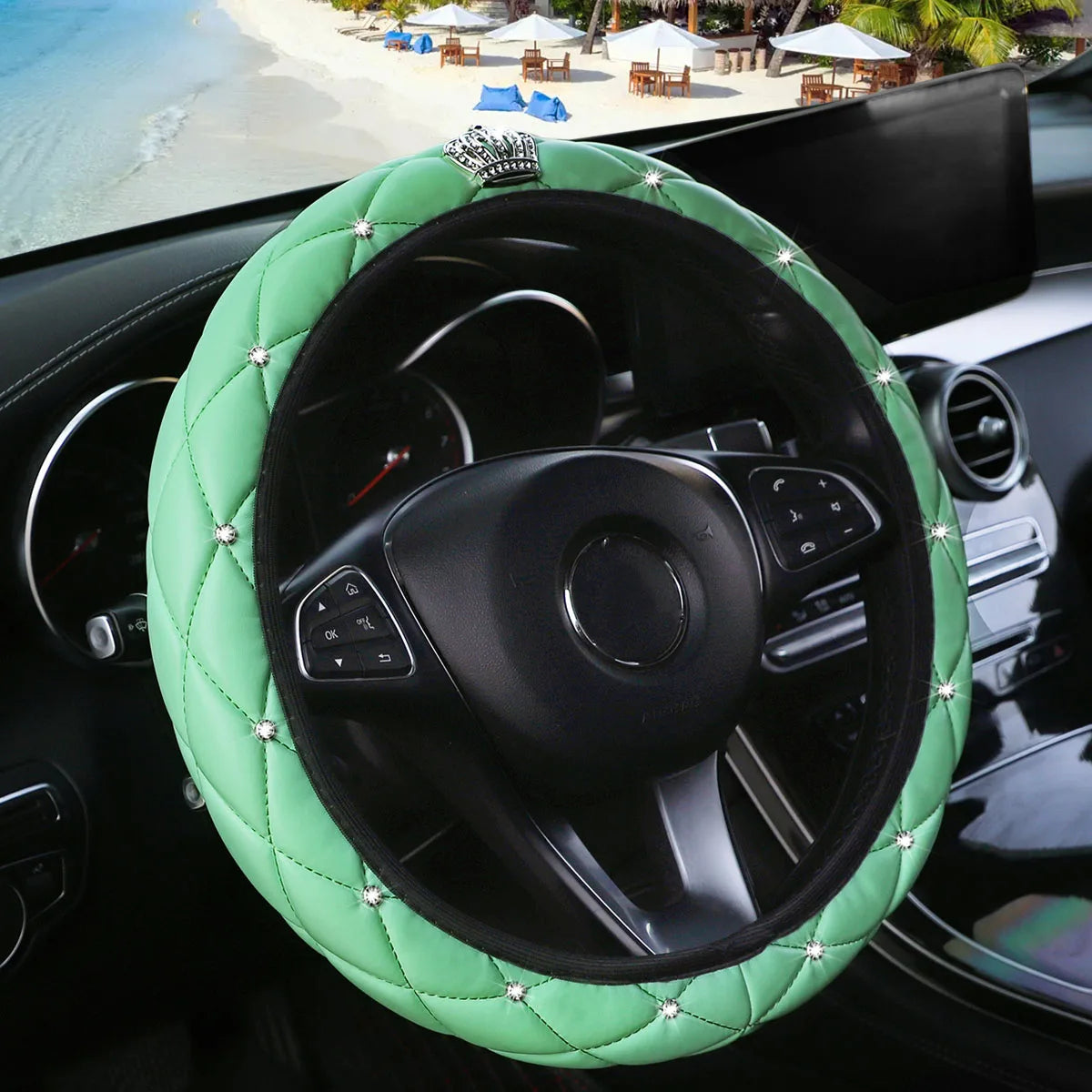 Soft leather diamond-studded crown Blingbling car without inner ring steering wheel cover suitable for 14.5 - 15 inch car access