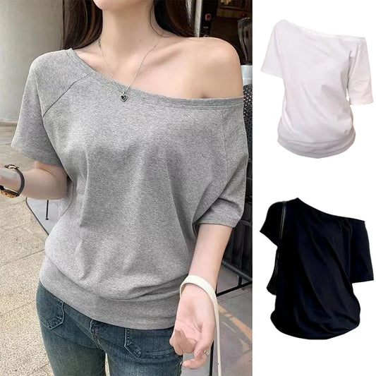 Women's Solid Skew-Collar T-Shirt — Slim-Fit Short-Sleeve Summer Tee