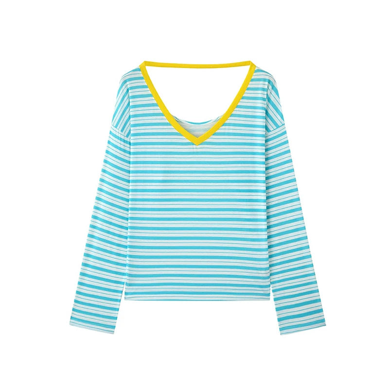 Tonngirls Women's Japanese Y2K Blue Striped V-Neck Long Sleeve T-Shirt – Vintage Off Shoulder Loose Tee