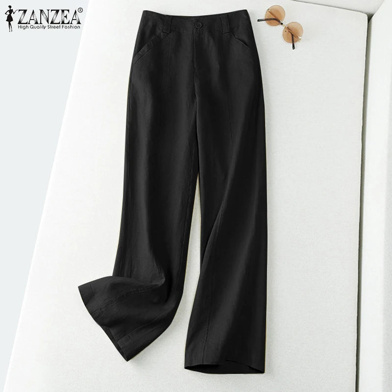 ZANZEA 2026 Spring Summer Cotton Linen Pants Women Long Trousers Wide Leg Plain Holiday Casual Pants Streetwear Fashion Bottoms