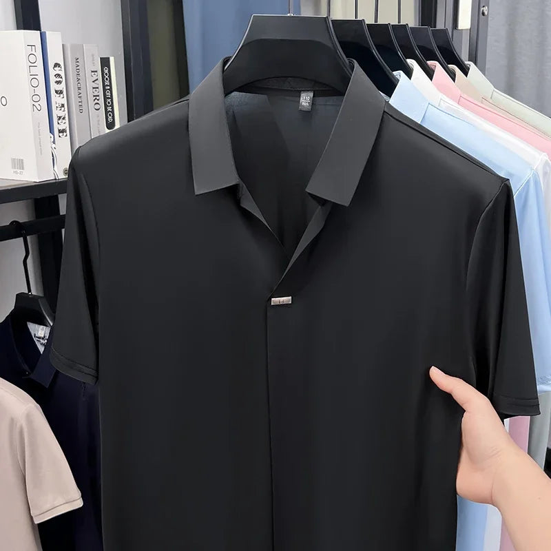 Men's Ice-Silk Polo - Seamless Notch Lapel, Metal-Button Placket