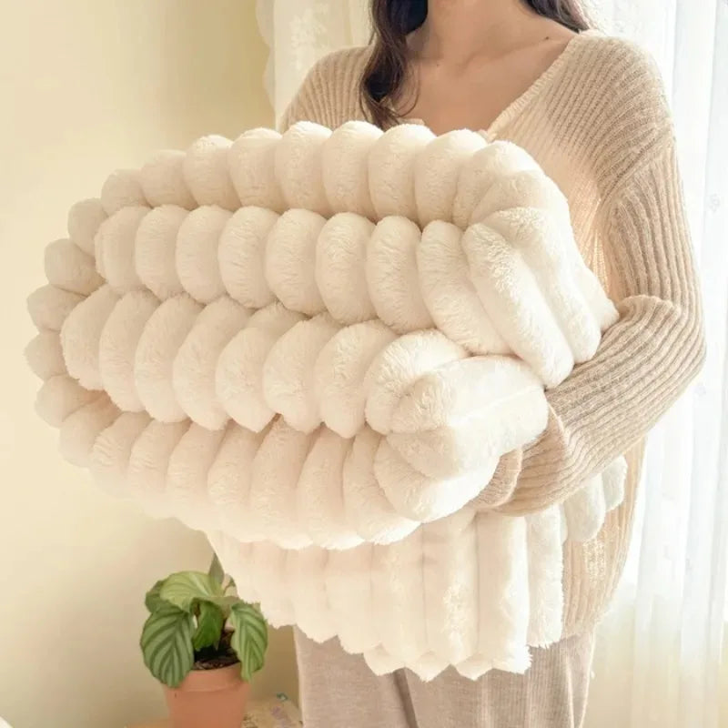 Striped Fluffy Blanket for Bed, 250 GSM Warm Throw