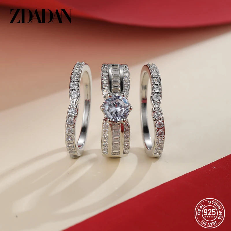 925 Silver 3-Piece Zircon Ring Set – 18K Gold Geometric Stack