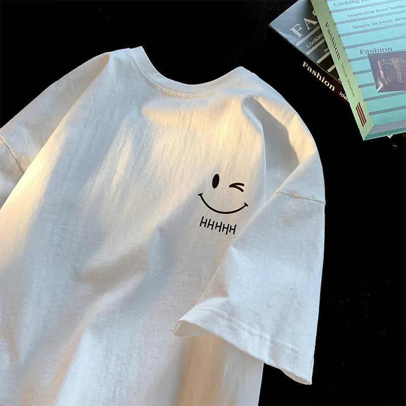 Smiley Face Print T-Shirt — Unisex Oversized Casual Short-Sleeve Tee
