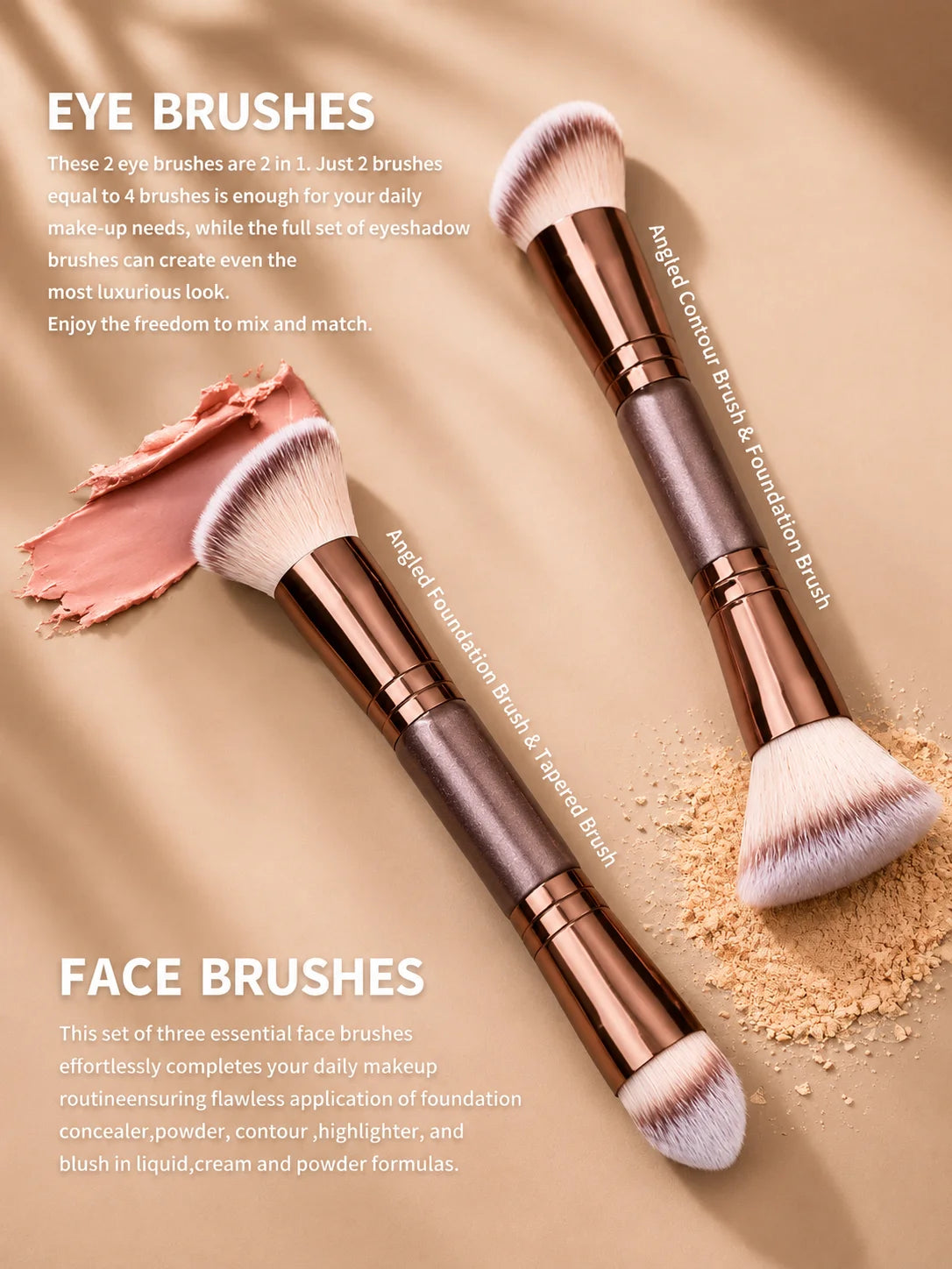 Professional Dual-Ended Makeup Brush Set Includes Foundation Brush, Contour Brush, Blush Brush, Powder Brush, Eyeshadow Brush, C
