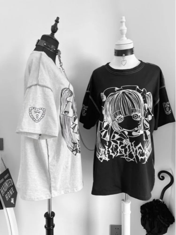 Japanese Y2K Harajuku Gothic anime Girl Printed Short Sleeve Couple T-shirt Summer New Loose and Comfortable Casual Top