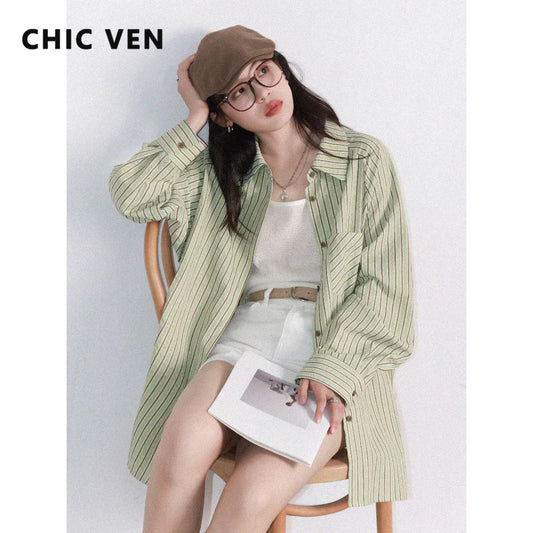 CHIC VEN Women Shirt Single Breasted Loose Casual Vertical Striped Long Sleeved Blouses Oversize Female Coat Spring Summer 2025
