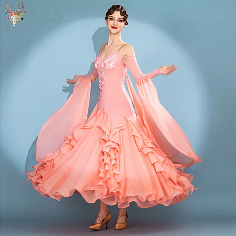 Women's off-shoulder long-sleeve ballroom performance dress