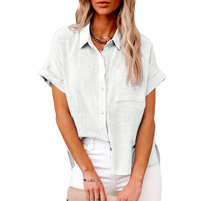 Women's Cotton-Linen Blouse — Loose Short-Sleeve Casual Summer Top