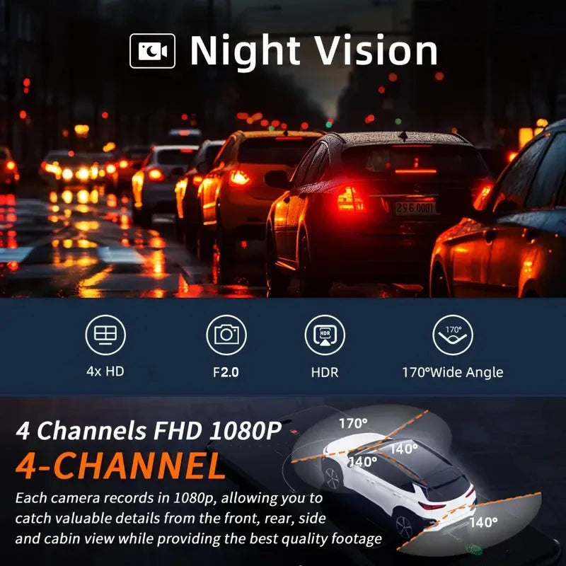 360° Car DVR Dash Cam 4 Lens Front Rear Left Right Inside IPS Screen Rotatable Lens Night Vision 24H Parking G-Sensor Black Box