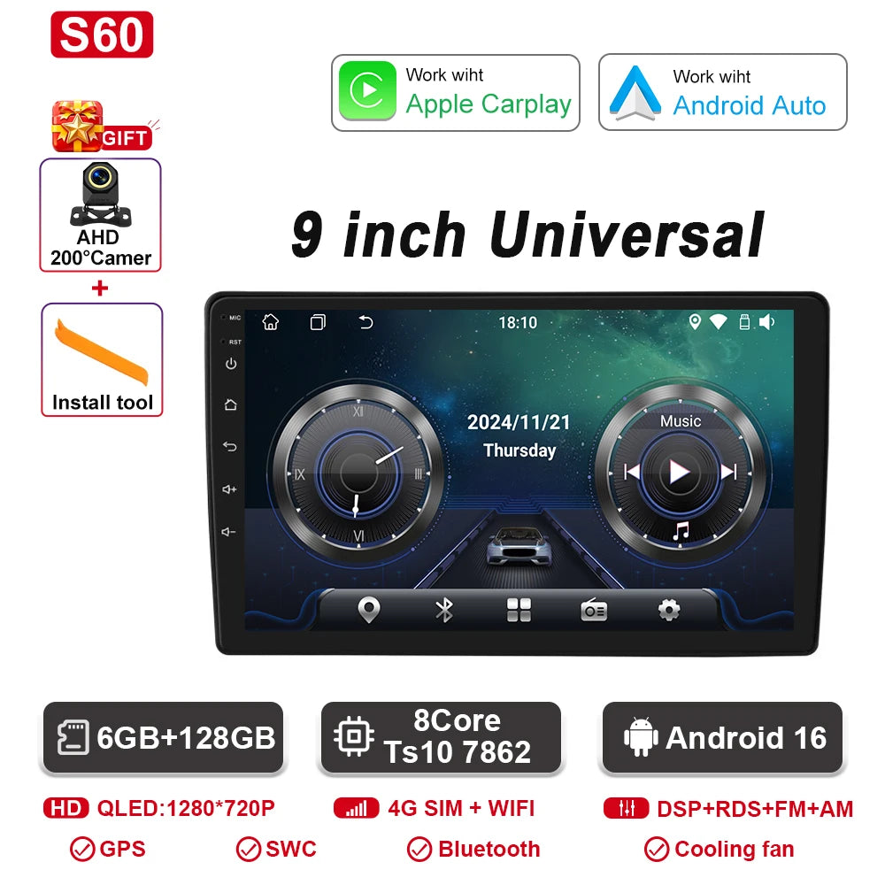 9"/10" Universal Car Stereo with Apple CarPlay & Android Auto (1 DIN)