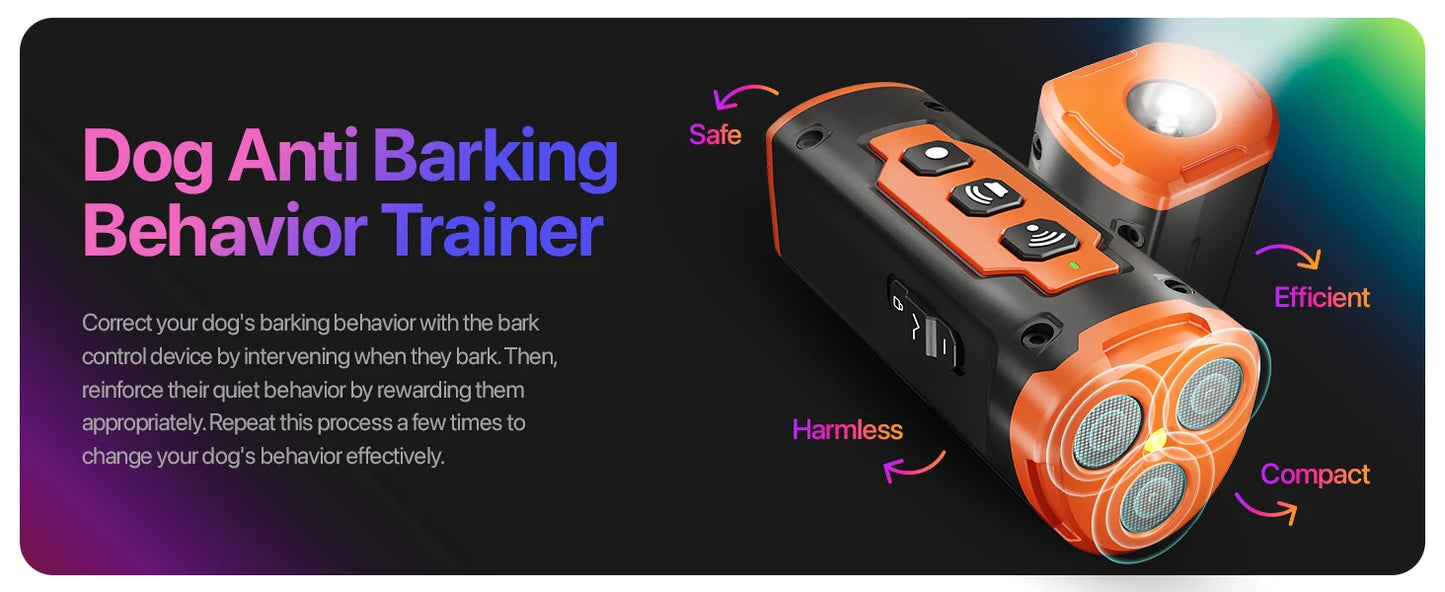 Ultrasonic Dog Repeller & Anti-Bark Deterrent Device – Rechargeable with LED Flashlight | Black & Orange