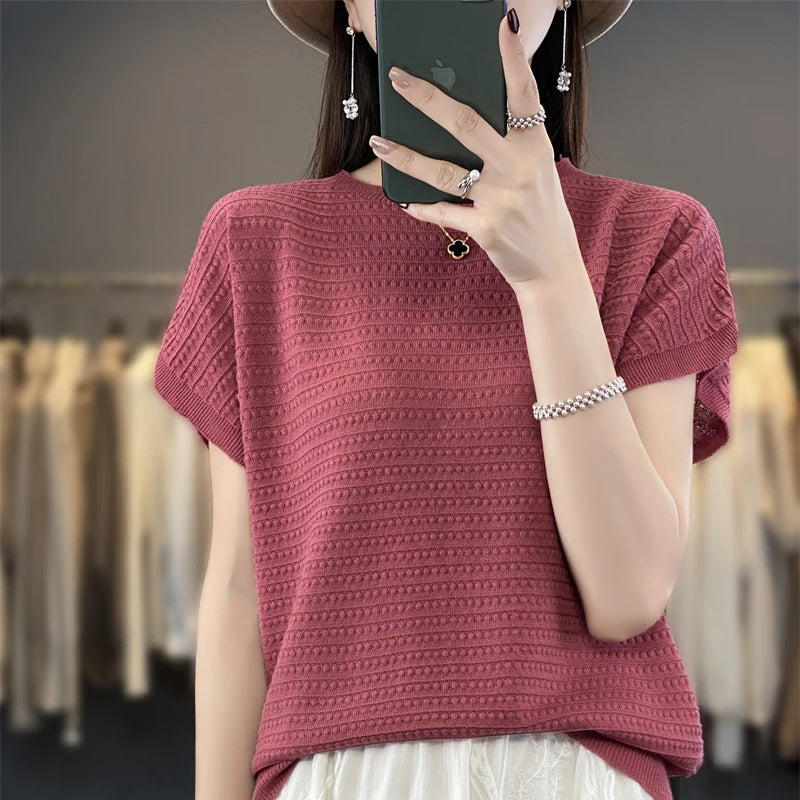 Pure Cotton Hollow Short-Sleeved Ladies Spring And Summer Loose Slim New Joker Knit Bottoming T-Shirt