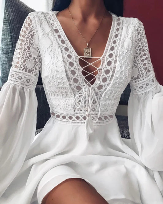 Women's A-Line Ruffle Chiffon Mini Dress — Long-Sleeve V-Neck Dress