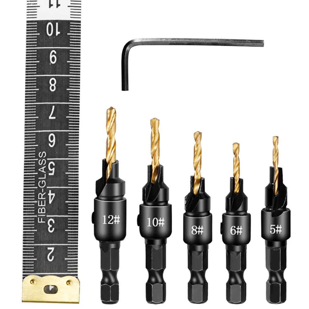 5pcs Countersink Drill Woodworking Drill Bit Set Drilling Pilot Holes for Screw Sizes #5 #6 #8 #10 #12 Cutter Screw Hole Drill