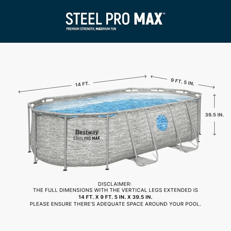 Power Steel Swim Vista 14’ x 8'2" x 39.5” Above Ground Pool, Oval Metal Frame Outdoor Swimming Pool S