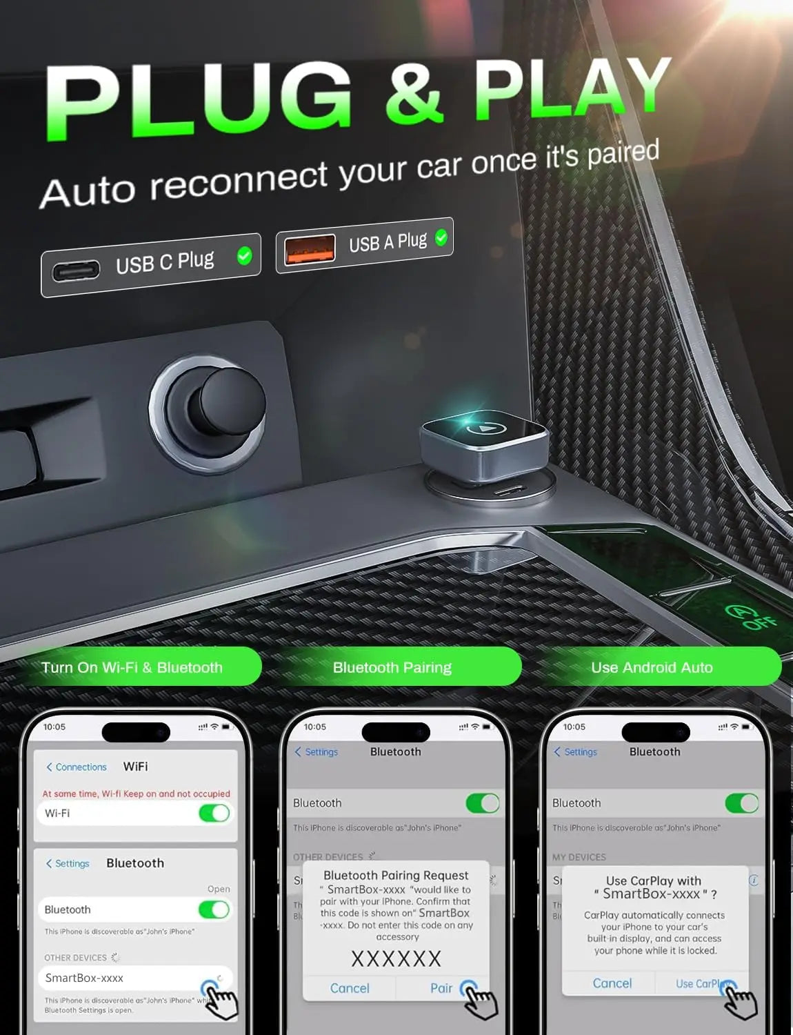 Wireless CarPlay & Android Auto Adapter — Compact Silver Dongle, Fast Auto-Connect