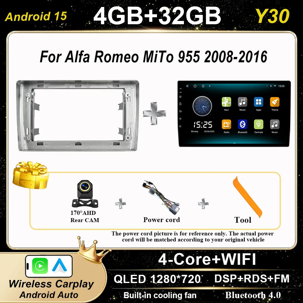 Android 15 Car Radio Stereo For Alfa Romeo MiTo 955 2008-2016 Auto Cireless Carplay GPS Navigation Multimedia Video Player 2Din