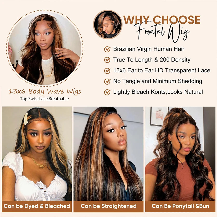 1B/30 Highlight 13x6 Lace Front Human Hair Wigs Ombre Black Brown Colored Preplucked Body Wave Lace Frontal Wig For Women 30Inch