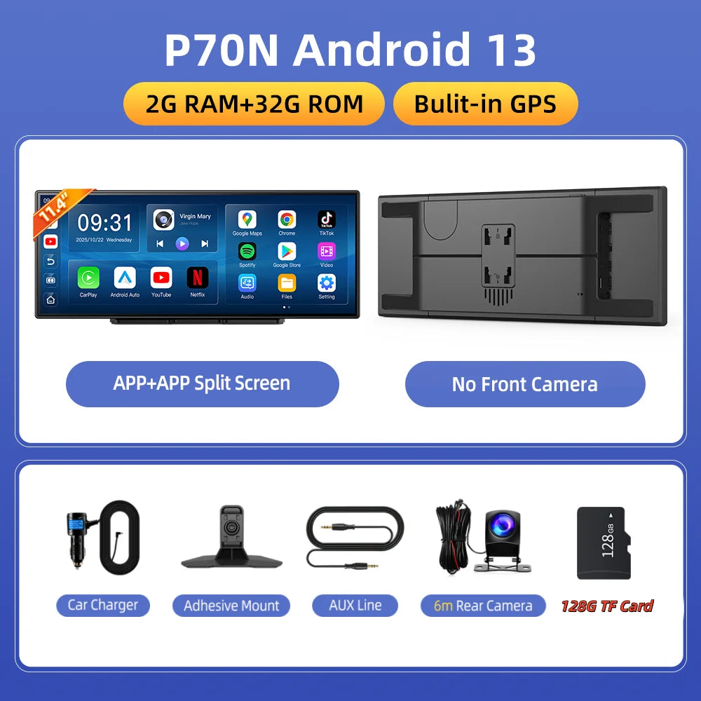 Imagebon P70N Bulit-in GPS Map Navigation 11.4" QLED Screen Android System Dash Cam Wireless Carplay Android Auto Car DVR Goggle