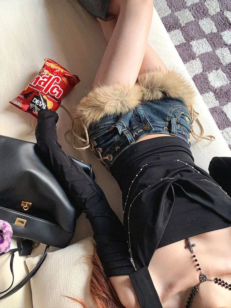 Women's Fluffy-Trim Denim Shorts — Y2K Low-Rise Strap Hot Pants