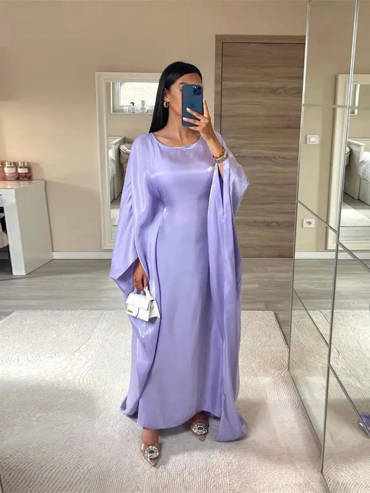 Shimmer Batwing Satin Abaya – Luxury Muslim Kaftan Dress for Eid & Ramadan