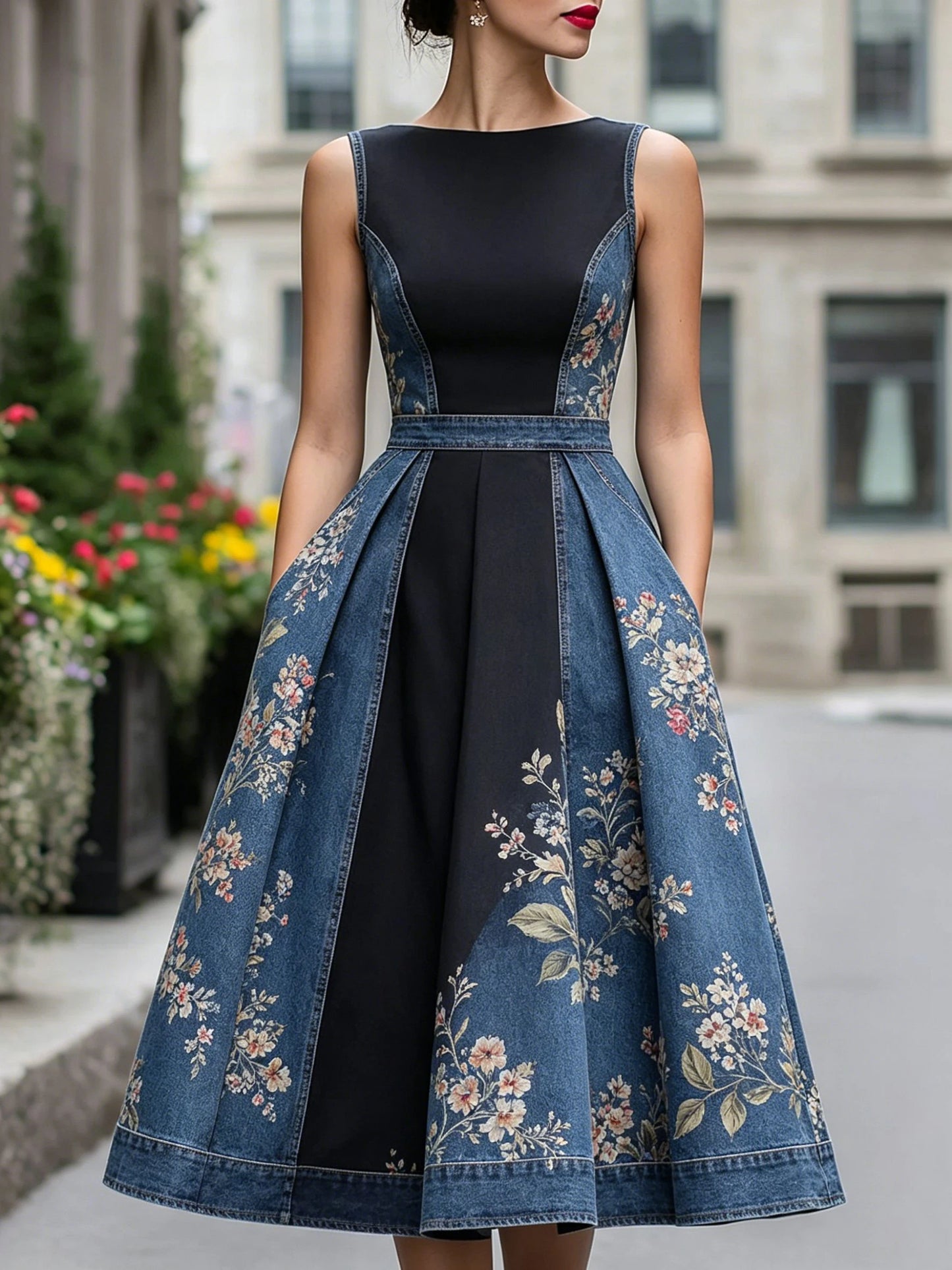 Women Fuax Demin Floral Printed Crew Neck Midi Dress Cap Sleeve A-Line Elegant Cocktail Party Evening Dress With Pocket Dress