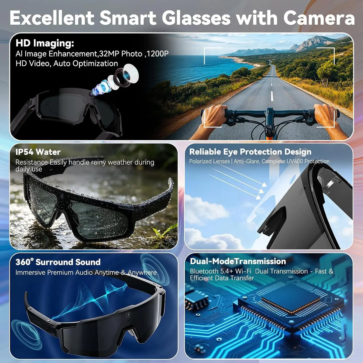 Smart Camera Glasses — 1200P Anti-Shake Video for Cycling