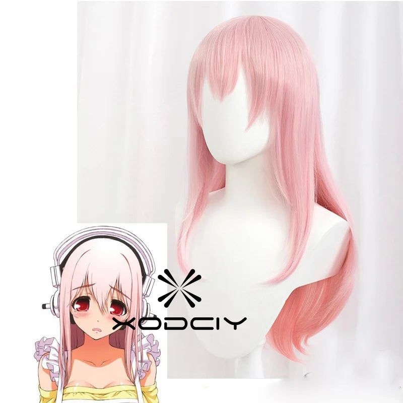 Super Sonico Supersonico 60cm Long Pink Ombre Hair Heat Resistant Cosplay Costume Wig + Toy headset Headphone Prop