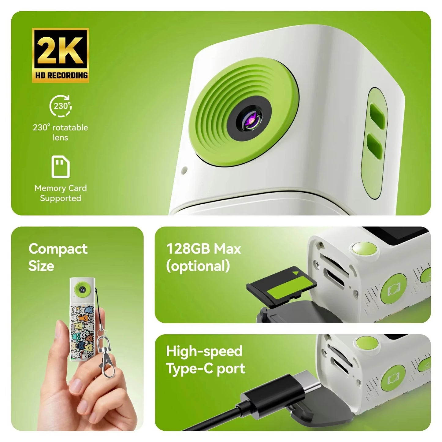 Ourlife 2K Thumb Camera — 230° Flip Lens Mini Keychain Camera