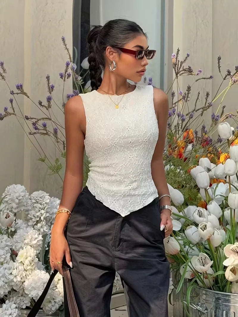 Women's Y2K  double-layer lace slim shoulder strap vest - asymmetrical hem, round neck, lightweight summer shirt,