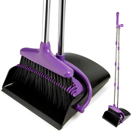 Long Handle Broom and Dustpan Set, Lightweight Stainless Steel, Upright Storage for Home Kitchen Office Pet Hair Cleaning