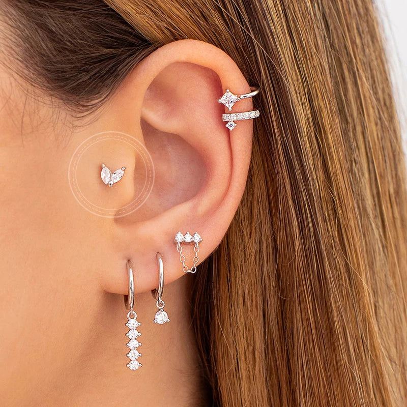 925 Sterling Silver Tassel Hoop Earrings for Women - White Zircon
