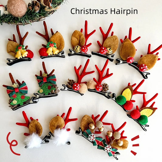 Reindeer Antler Christmas Hair Clip with Bells, Bows & Pinecones