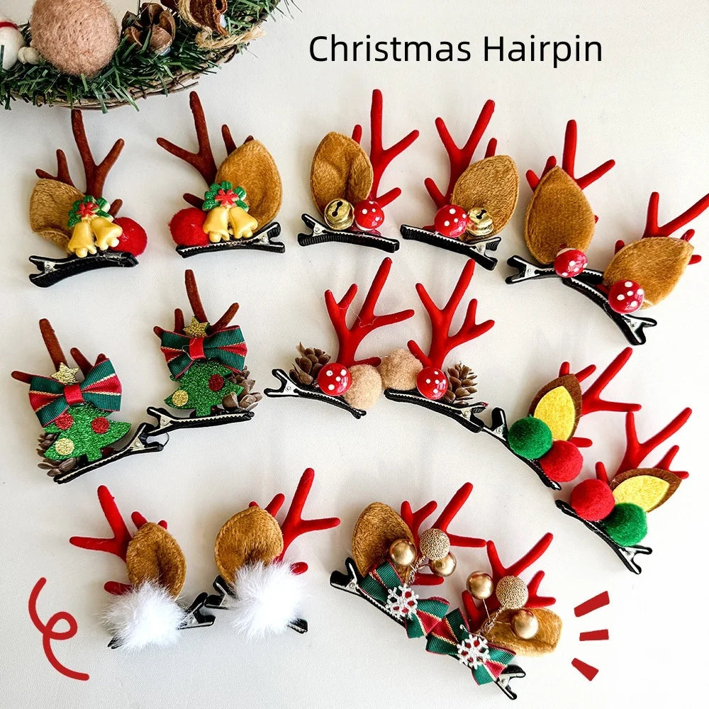1PC Christmas Hair Clips, Reindeer Antler Hairpins with Bells/Bows/Pinecones, Cute Xmas Hair Accessories for Kids Gift