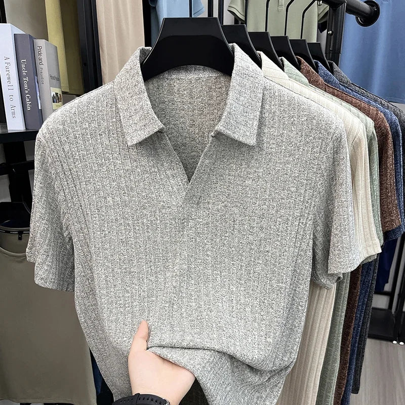 Men's Knitted Polo Tee - V-Neck Stripe, Lightweight Breathable