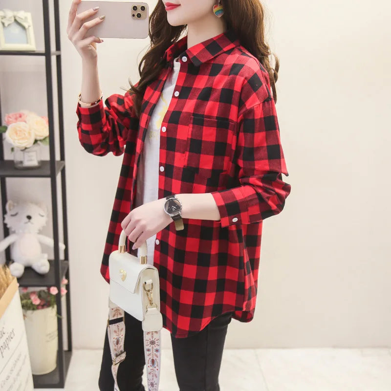Women's Plaid Long Sleeve Shirt - Loose Casual Button-Up Blouse - photo 15
